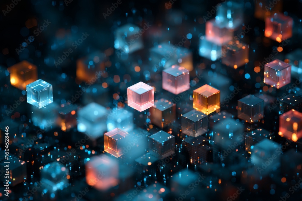 Poster abstract digital landscape of glowing cubes on dark background, futuristic tech design, generative v