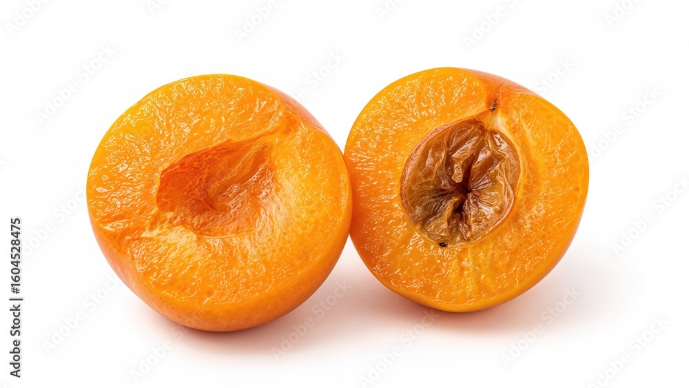 Poster isolated apricot with halves and slices on a white backdrop, clipping path included