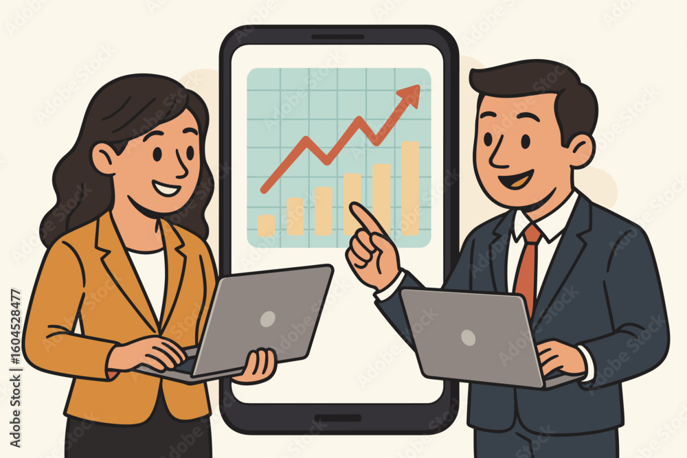 Poster business team analyzing growth chart data on smartphone screen. two professionals with laptops smili