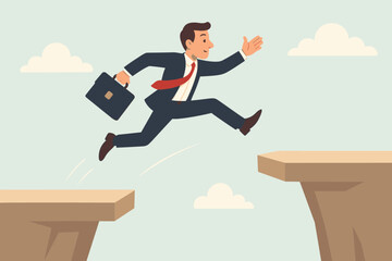 Businessman jumping over cliff gap with courage and determination. Business risk taking, leap of faith, bold decision concept. Professional challenge metaphor vector