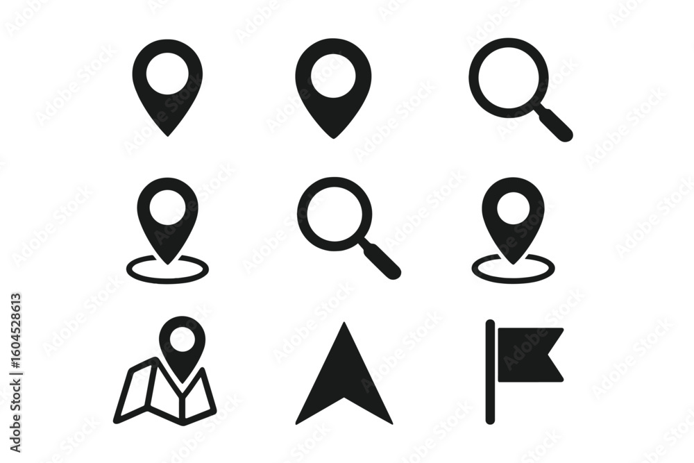 Poster black location pin icon set with navigation pointers, gps map markers, search magnifying glass, fold