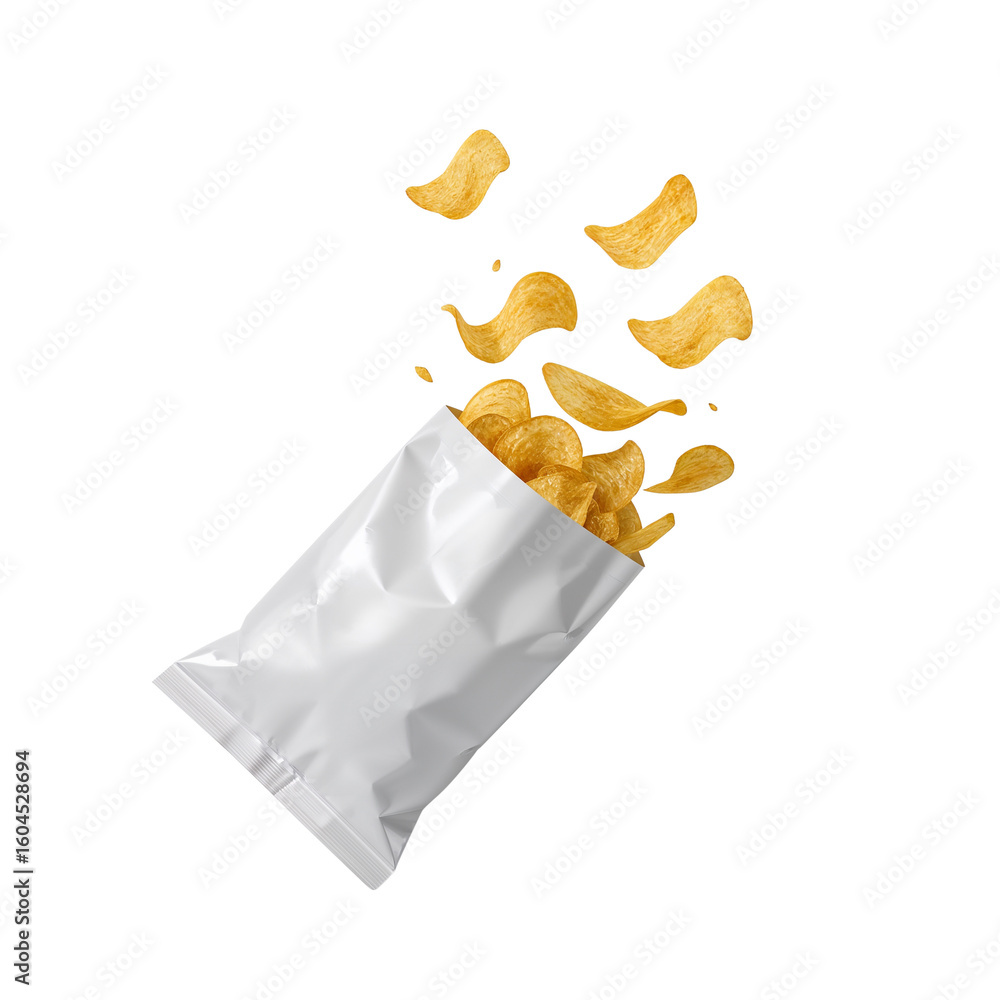 Poster crispy temptation flying out from a white package on an ethereal backdrop creating a dynamic snack