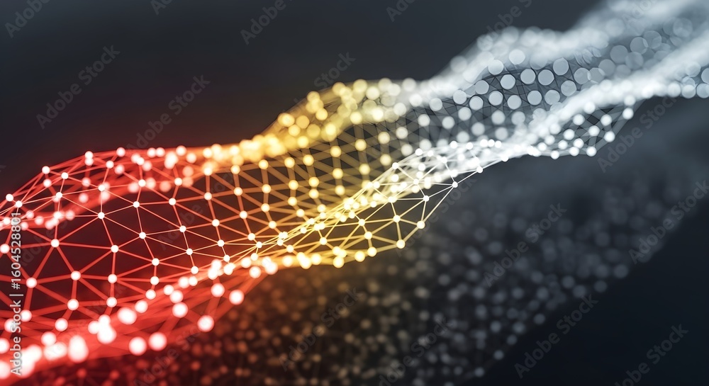 Aufkleber abstract cyber network grid visualization with connecting lines and glowing dots. digital data commu