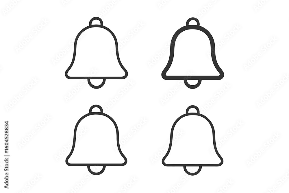 Poster notification bell icon set in minimalist outline style — four stroke variations for mobile app ui, w