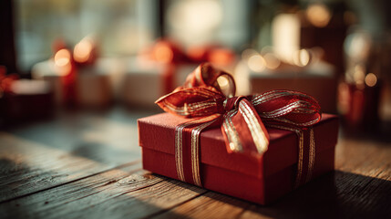 Luxurious red gift box with shiny ribbon on table
