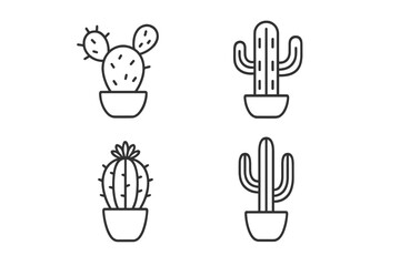 Minimal linear cactus icon set, four potted desert plants outline: prickly pear, saguaro, barrel cactus, indoor succulent. Simple botanical logo, modern houseplant line art clipart.