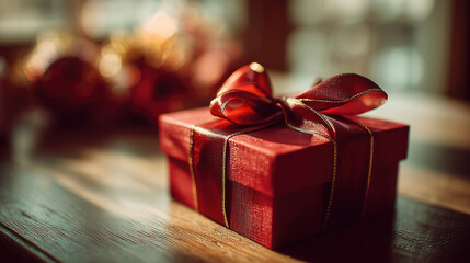 Luxurious red gift box with shiny ribbon on table