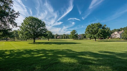 Wide open neighborhood green space with thriving grass, a few trees, and houses faintly seen beyond.