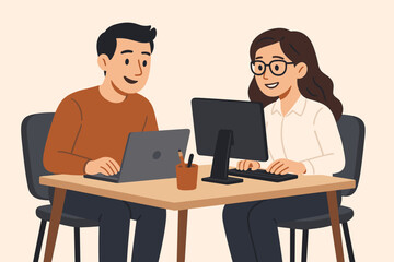Office teamwork collaboration: smiling male and female colleagues using laptop and desktop computer at shared desk, workplace coworking, cartoon vector illustration light background