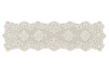 Delicate white lace ribbon featuring intricate floral design, floating against transparent backdrop, lending vintage elegance to creative projects