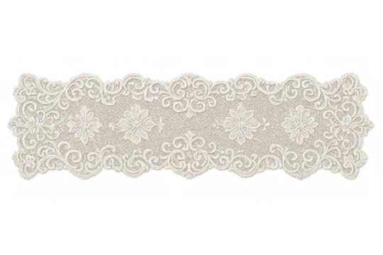 Delicate white lace ribbon featuring intricate floral design, floating against transparent backdrop, lending vintage elegance to creative projects