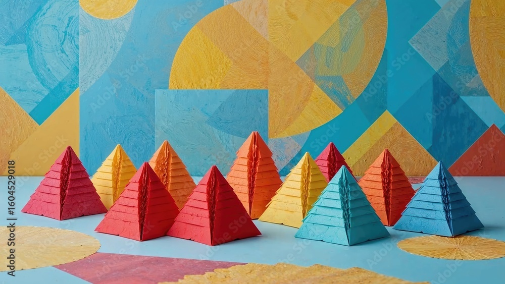 Poster abstract geometric forms and vibrant paper pyramids creating a background that conveys deep concentr