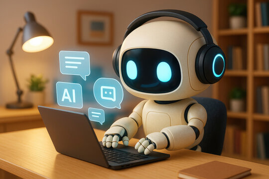 Beige robot wearing headphones typing on laptop with glowing blue eyes and chat bubbles