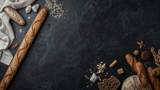 Top-down perspective of bread accompanied by bakery components displayed on a dark stone base.