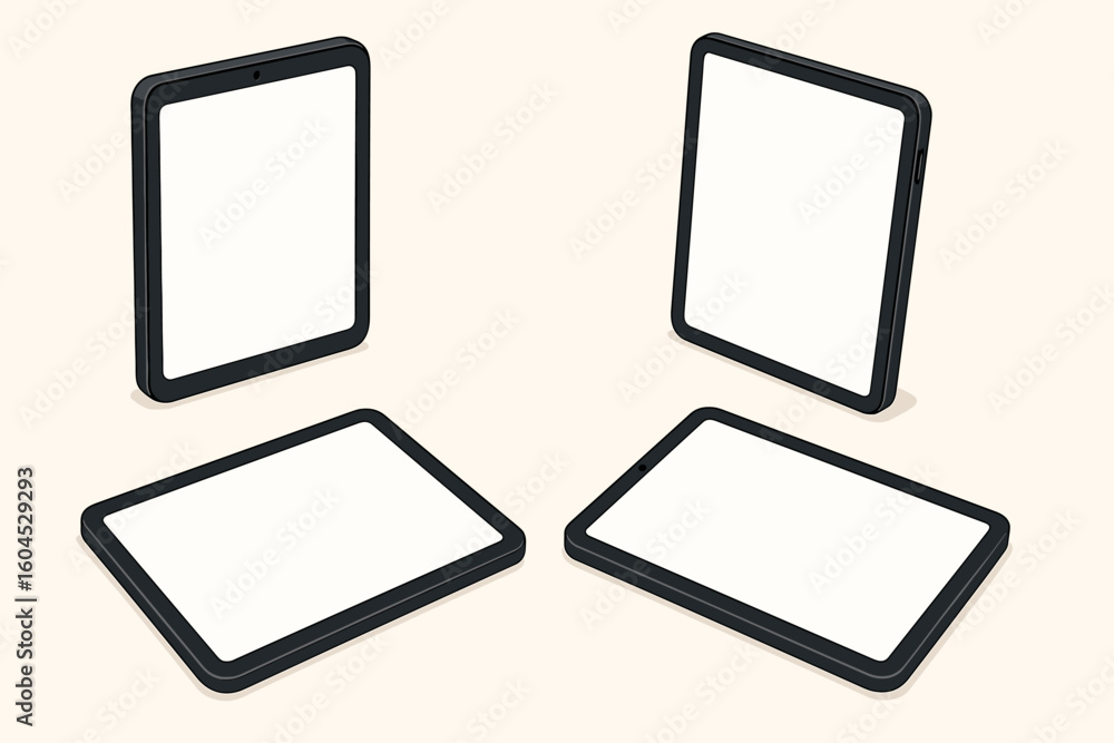 Poster isometric tablet mockup collection vector set. digital devices various angles white empty screens. t