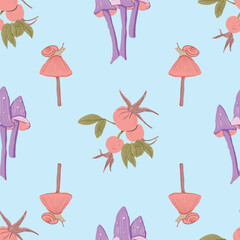 Whimsical Forest Seamless Vector Pattern with Mushrooms, Leaves and Woodland Animals