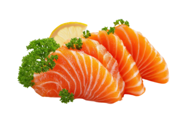 Fresh salmon sashimi slices with lemon and parsley garnish