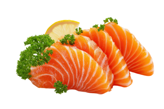 Fresh salmon sashimi slices with lemon and parsley garnish