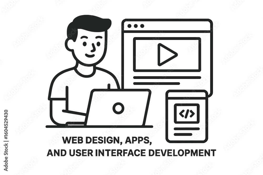  thin line icon of male developer using laptop for website design, mobile app coding and ui prototypi