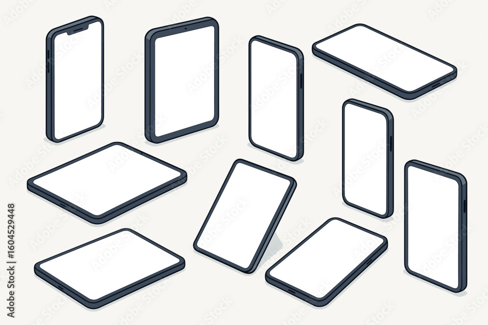 Poster isometric vector mockup collection modern smartphones tablets various angles 3d perspective ui ux de