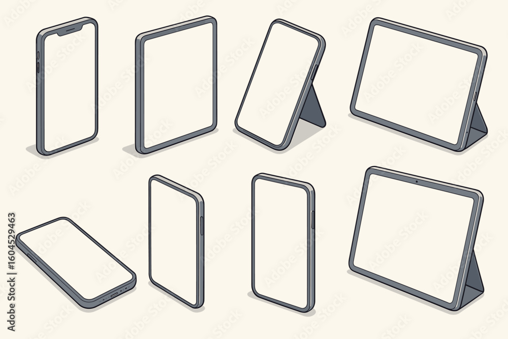 Poster isometric smartphone tablet mockup collection. modern mobile device vector set various angles. ui ux