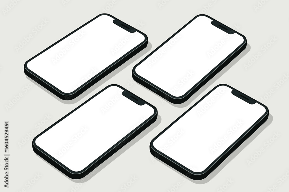 Poster isometric smartphone mockup template vector illustration. four mobile phones blank screen app presen