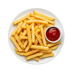 Golden French Fries Sprinkled with Salt Served with Ketchup on a White Plate on Transparent...