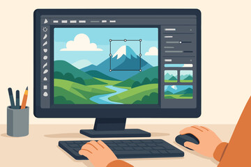 Photo editing software interface on desktop monitor with landscape image, graphic design scene, hands using keyboard and mouse, vector cartoon illustration of art workstation