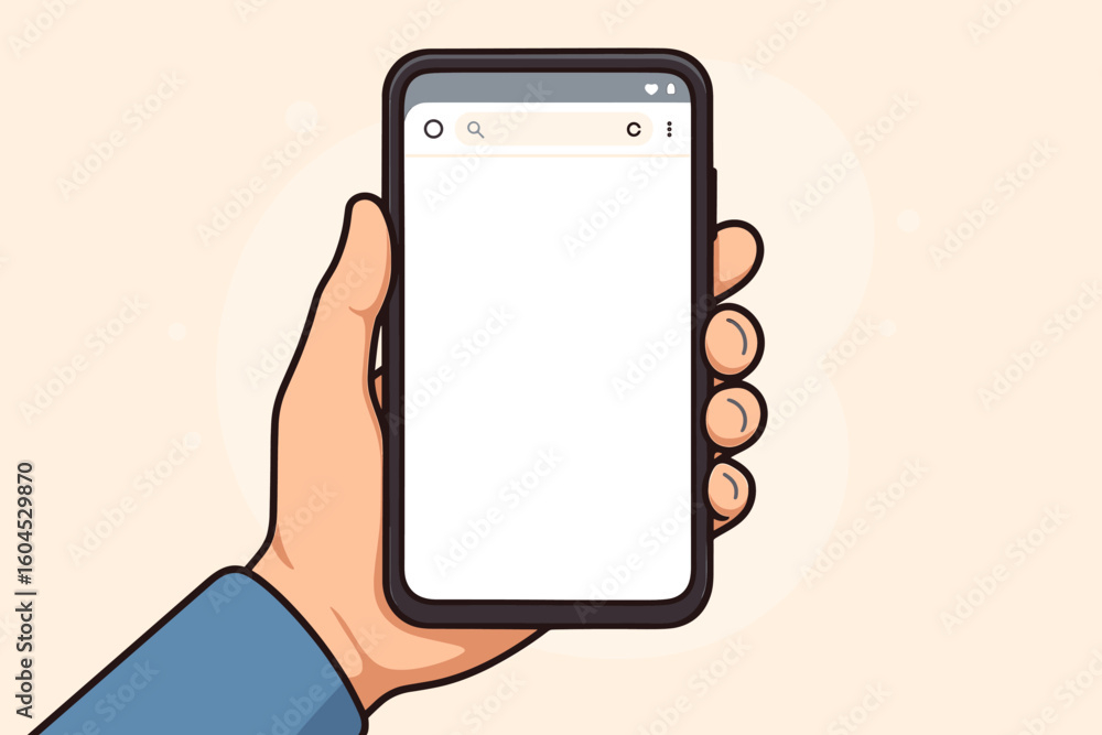 Poster hand holding smartphone with blank web browser screen mockup. mobile phone empty display template. v