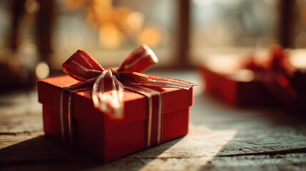Luxurious red gift box with shiny ribbon on table