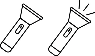 Hand torch flashlight set, black vector collection of electric lantern group in line style, portable light, battery lamp, emergency beam outline, glowing tool icon bundle