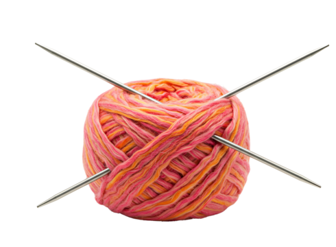 Ball of variegated orange yarn with knitting needles isolated on transparent background