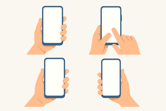 Mobile smartphone in hands mockup collection vector set. Four different hand gestures holding phone touchscreen device. Flat design illustration template for app UI UX