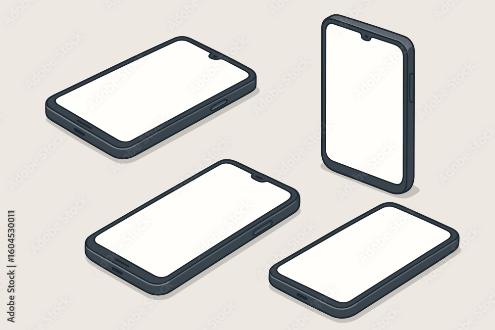 Poster smartphone mockup collection isometric 3d vector set. mobile phone blank white screen template. devi