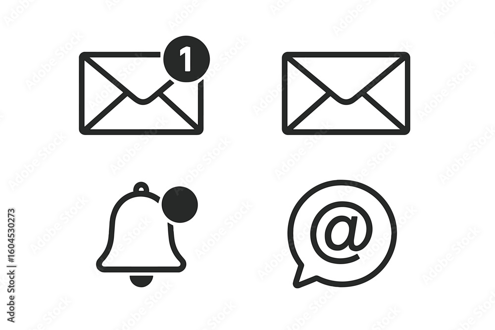 Poster email, mailbox and notification icons set – new message alert, inbox envelope, bell reminder, mentio