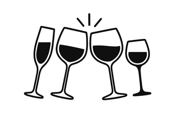 Champagne flutes, red and white wine goblets, dessert cordial glass silhouettes clinking in celebratory toast, minimalist black vector icon set, drinkware illustration for cheers