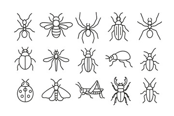 Minimal outline insect icon set — ants, bee, spider, stag beetle, ladybug, grasshopper, mosquito, moth, cricket; linear vector symbols for biology, pest control, infographics