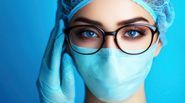A woman wearing a blue surgical cap and mask, with blue gloves, against a blue background.
