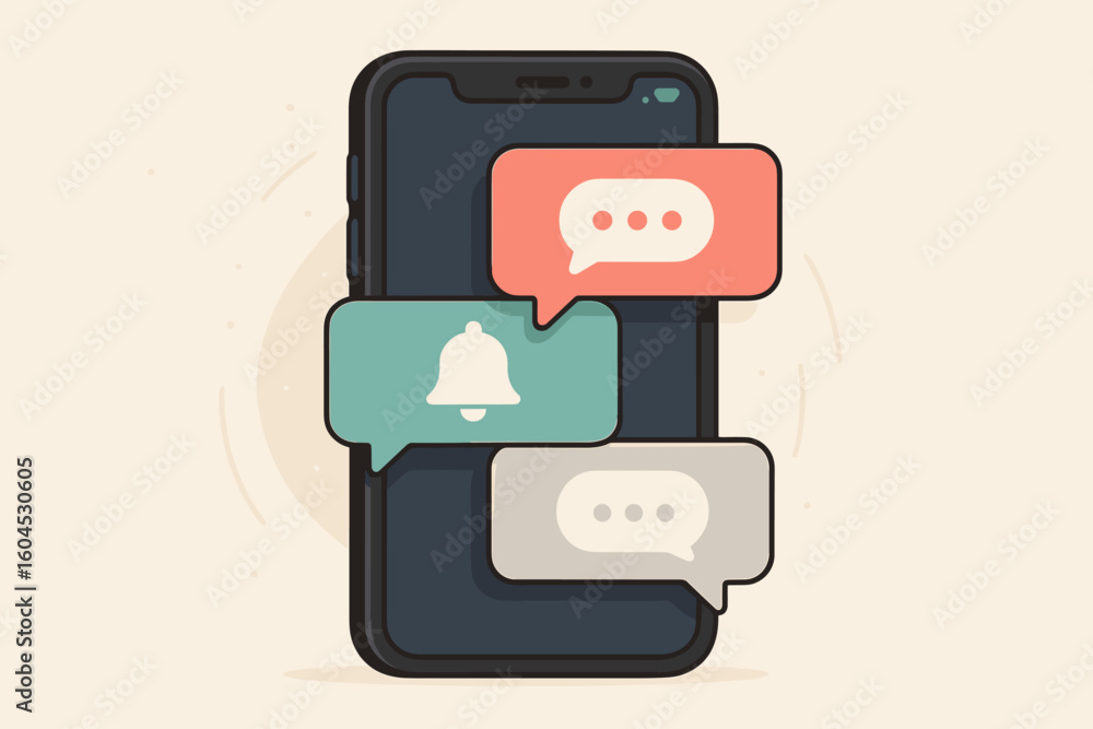 Poster mobile smartphone push notifications messages chat bubbles communication app alerts social media vec