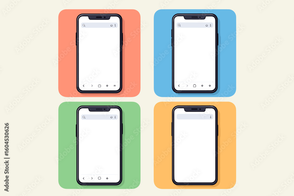 Poster smartphone collection mockup set. four mobile phones with empty web browser screens on colorful back