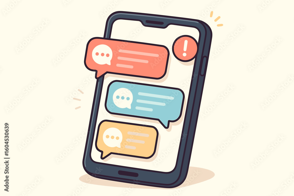 Poster mobile smartphone screen notifications display. push messages alerts icons. communication technology