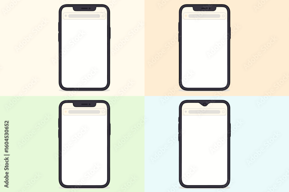 Poster smartphone mockup collection vector illustration. set of 4 blank mobile phone screens with empty web