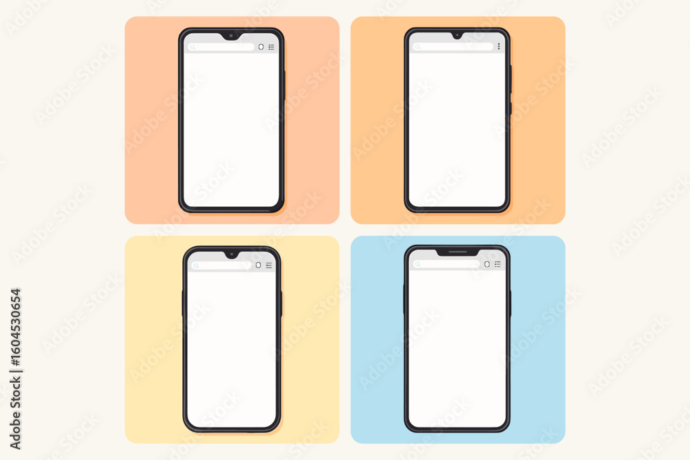 Poster empty smartphone mockup collection vector set. four blank mobile phone screens web browser template.