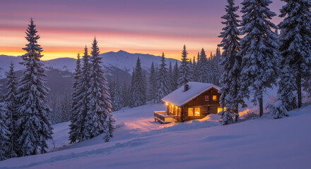 Naklejka premium A secluded wooden cabin with illuminated windows nestled in a serene, snow-covered mountain landscape at twilight.