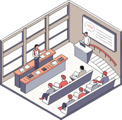 Isometric vector illustration of a modern factory building with interior office and energy production