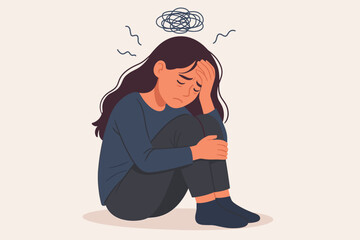 Mental health depression anxiety stressed sad woman sitting alone. Young girl having panic attack emotional breakdown. Psychology distress loneliness concept vector