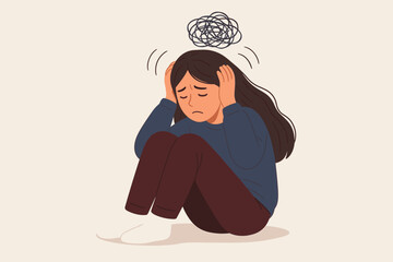 Teen girl depression anxiety attack overwhelmed stressed mental health problems concept vector illustration emotional distress psychological support therapy mindfulness