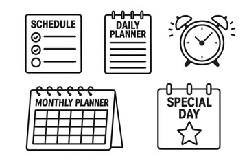 Vector outline icons of schedule checklist, daily planner notebook, alarm clock, monthly calendar organizer and special day reminder page for time management, productivity concept