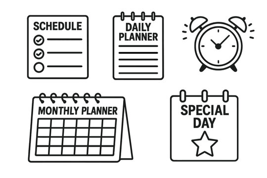 Vector outline icons of schedule checklist, daily planner notebook, alarm clock, monthly calendar organizer and special day reminder page for time management, productivity concept - Powered by Adobe