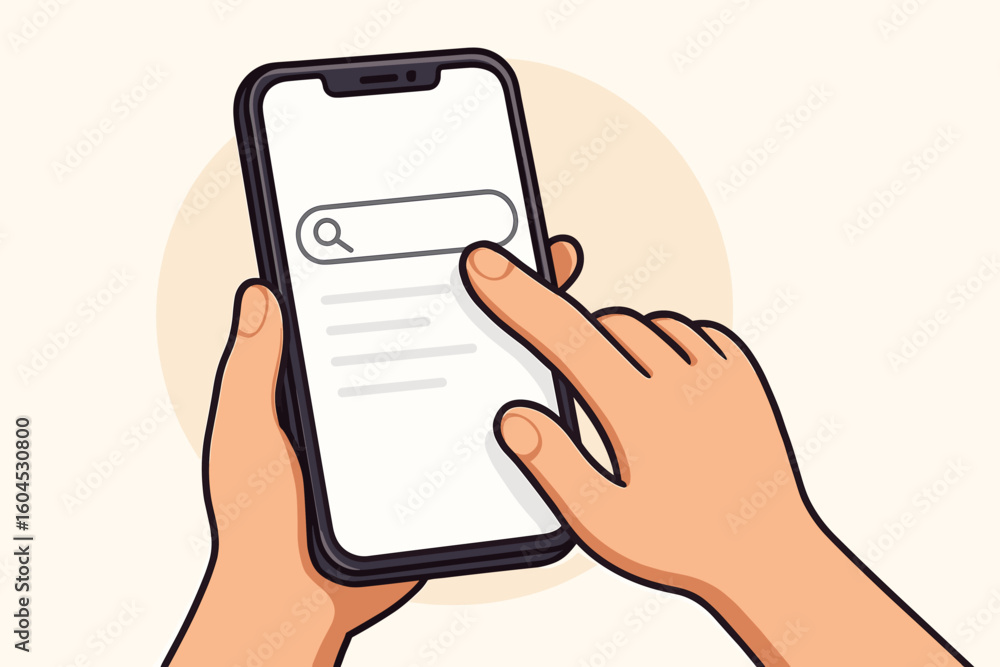Poster mobile phone search interface hands holding smartphone online browsing internet web search bar digit
